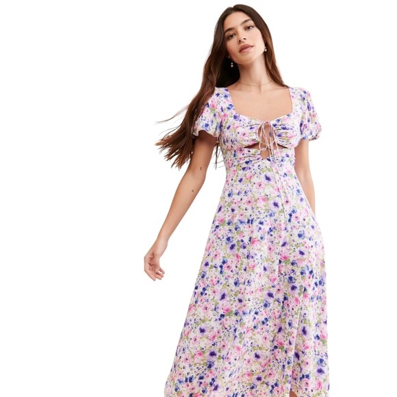 ASTR the Label Floral Midi Tie-Front Dress Size S Purple Blue Puff‎ Sleeve